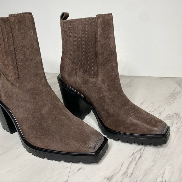 Vince Camuto Aresse Brown Suede Square Toe Heeled Bootie 7M - Picture 9 of 14